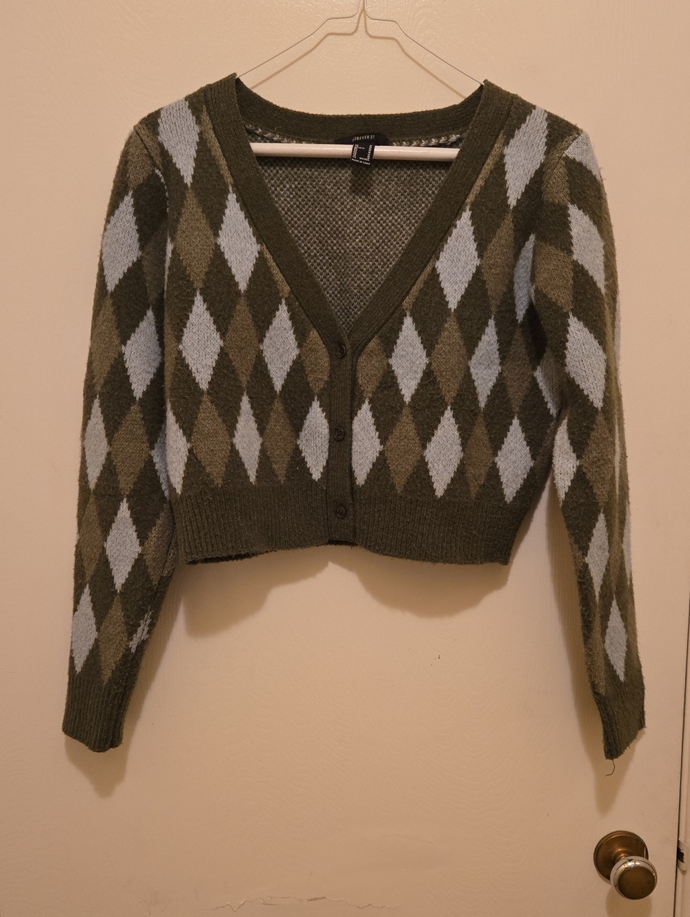 Forever 21 Olive and Dark Green Argyle Cropped Cardigan